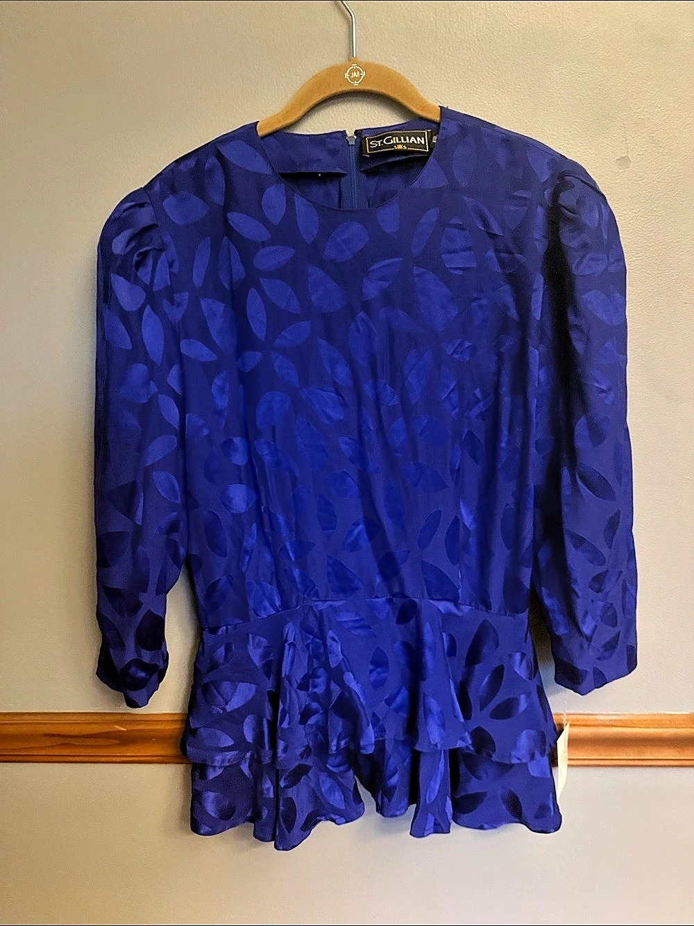 NWT Vintage St. Gillian 100% Silk Jacquard Peplum Blouse Top Cobalt Blue 14